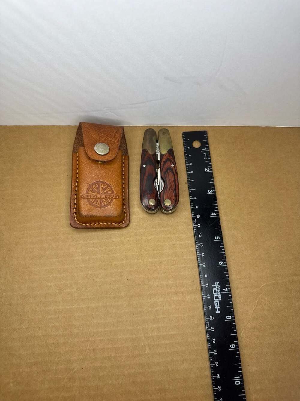 Guidesman Wood Grain Handle Multi-Tool with Leather Sheath